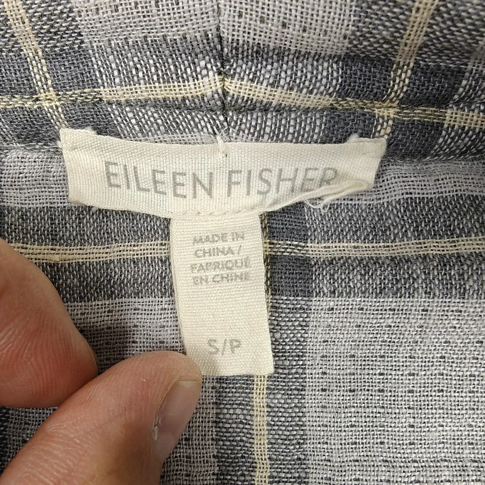 Eileen Fisher Jacket Womens SP Green Organic Cotton Linen Kimono Plaid Lined - Picture 4 of 10